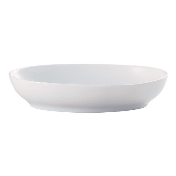 A white porcelain serving dish with an oval shape and smooth, elegant contours.