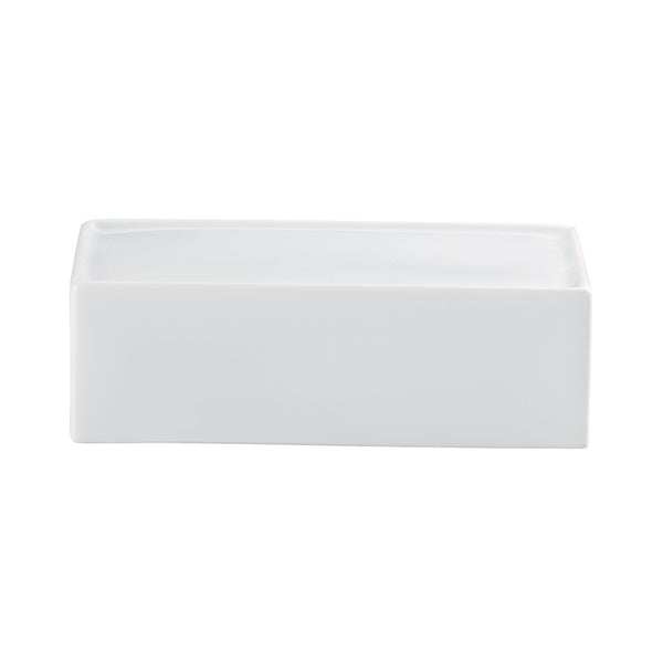 A white, rectangular porcelain butter dish with contemporary contours.