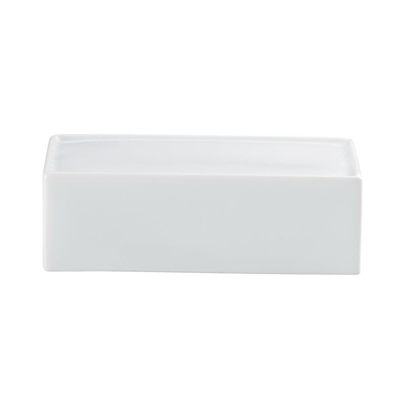 A white, rectangular porcelain butter dish with contemporary contours.