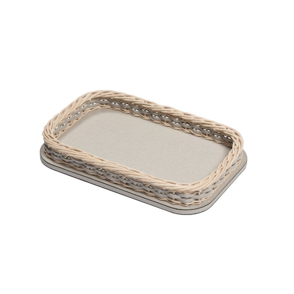 Rectangular Leather & Rattan Tray 'Orsay', Mini in Light Grey by Pigment France
