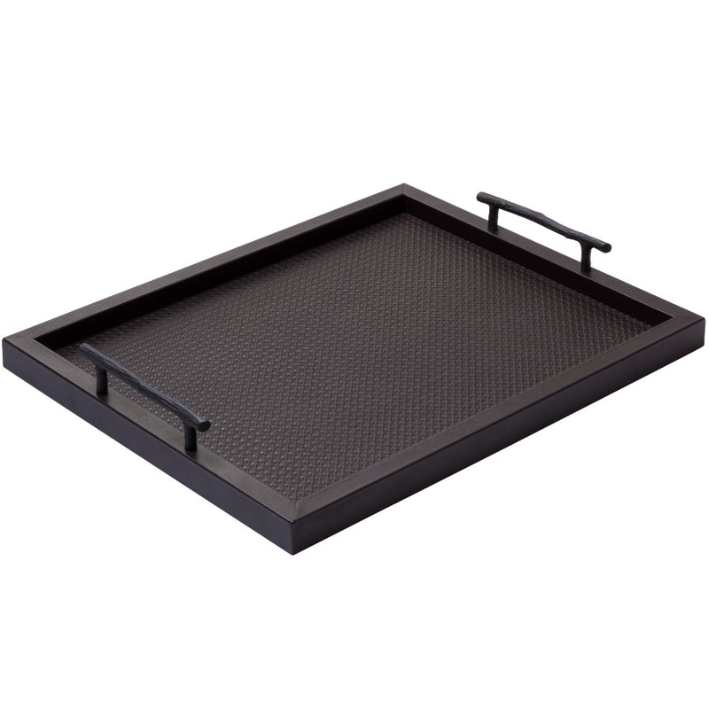 Rectangular leather tray with Vienna pattern and oxidized bronze handles by Giobagnara