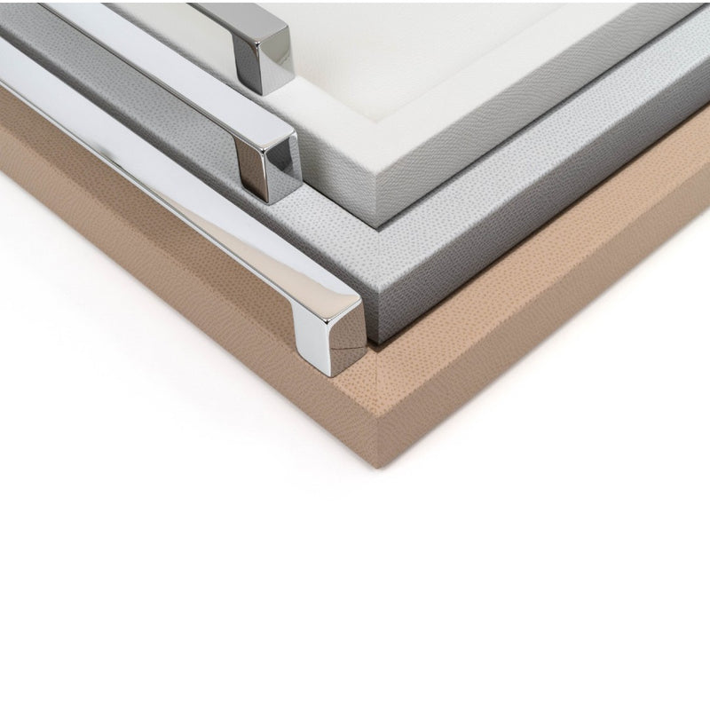 close-up of the Rectangular Leather Tray with Handles Jupiter in White with Satin Brass, Chrome, or Burnished Brass by Pinetti
