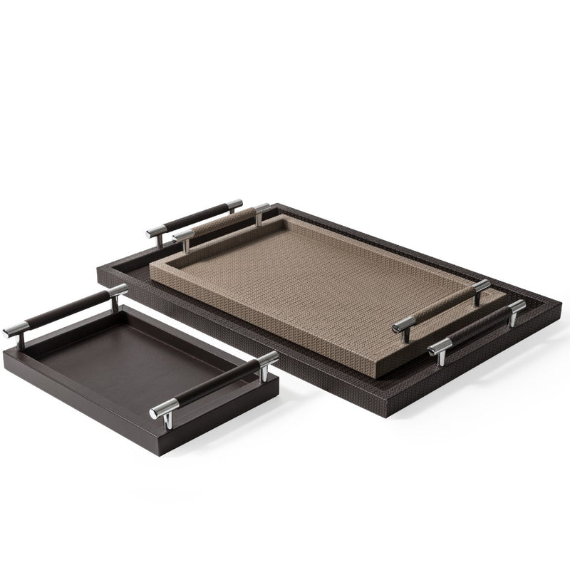 Collection of Rectangular Woven Leather Tray Dedalo in Coffee Brown by Pinetti