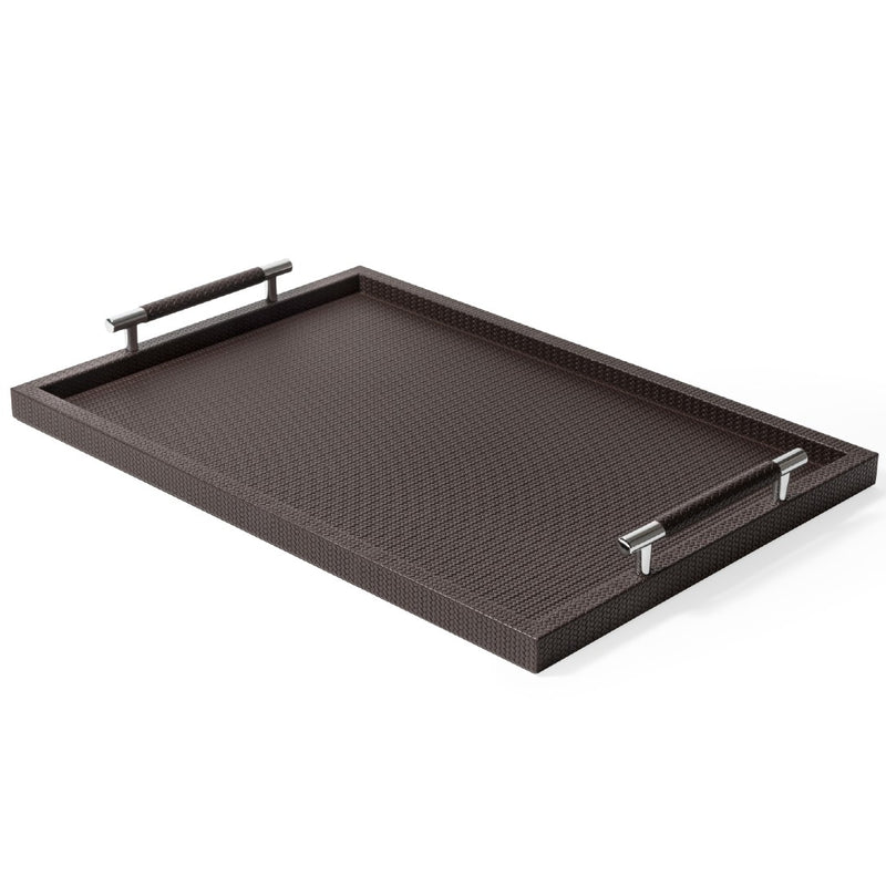 Rectangular Woven Leather Tray Dedalo in Coffee Brown by Pinetti