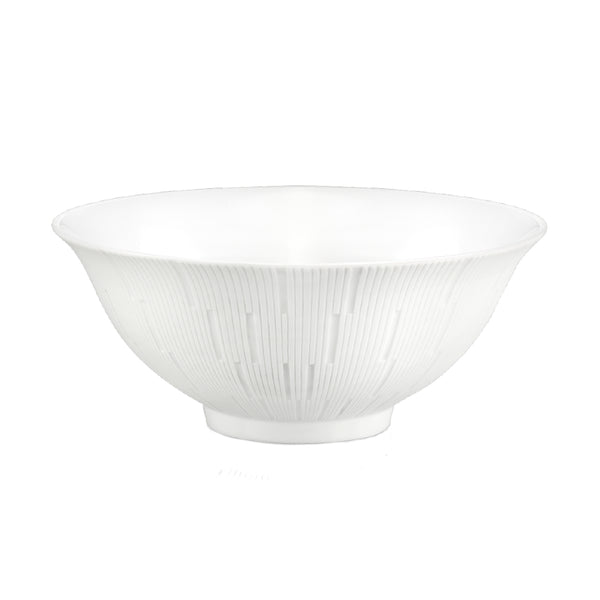 A white, round porcelain rice bowl with an engraved pattern, part of the Infini White collection by Haviland.