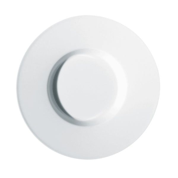 A white porcelain risotto plate with a wide rim and subtle inner pattern.