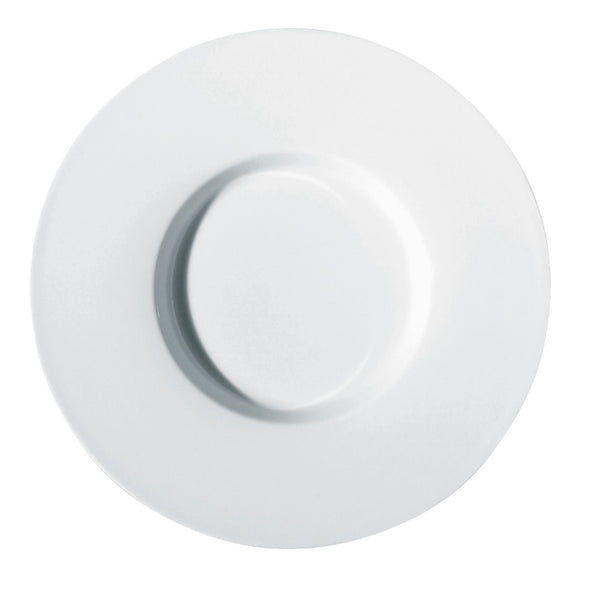 A white, round porcelain risotto plate with a fluted edge design.