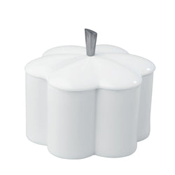 A white porcelain round flower-shaped dish box with a lid and metal handle.