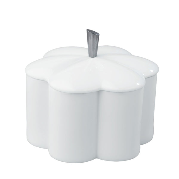 A white porcelain round flower-shaped dish box with a lid and metal handle.