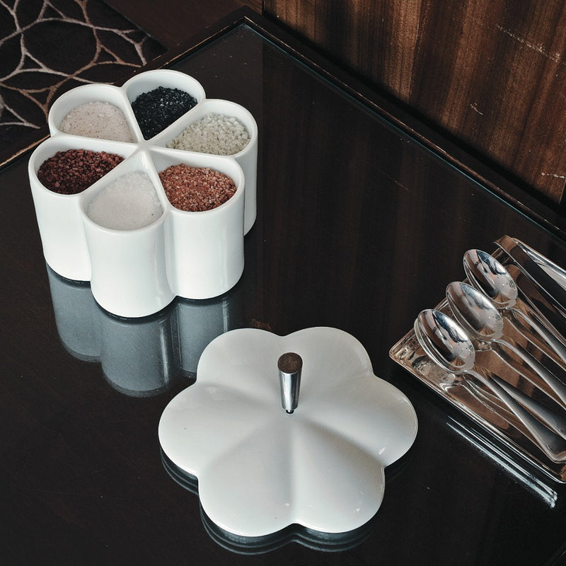 styled Hommage round flower dish box by Raynaud, fine porcelain with 6 compartments and lid for salts, spices, or condiments in luxury dining settings.