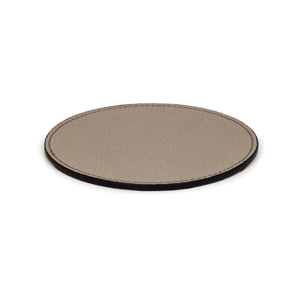 Round leather coaster in taupe by Pinetti, handmade Italian table accessory