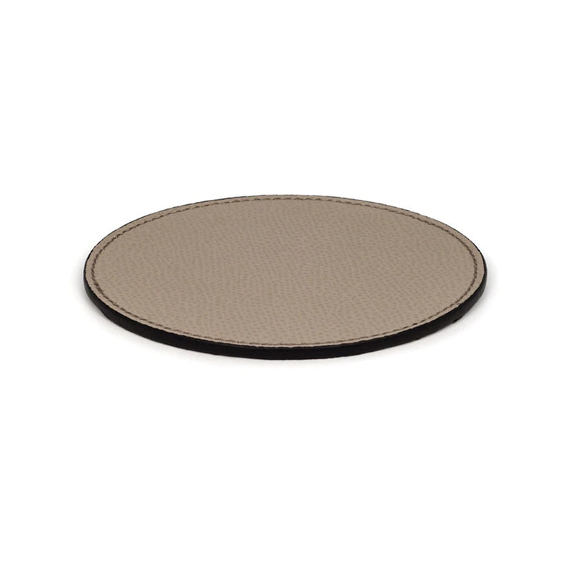 Round leather coaster in taupe by Pinetti, handmade Italian table accessory