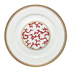 Luxury porcelain round platter 29cm Cristobal Rouge red coral motif with gold rim by Raynaud