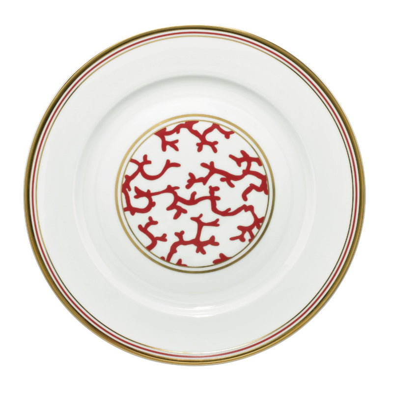 Luxury porcelain round platter 29cm Cristobal Rouge red coral motif with gold rim by Raynaud
