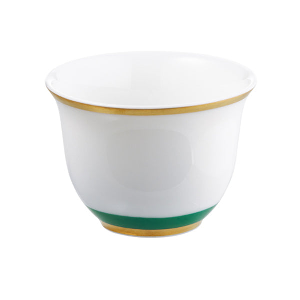 A white porcelain sake cup with emerald green and gold detailing on the rim and handle.