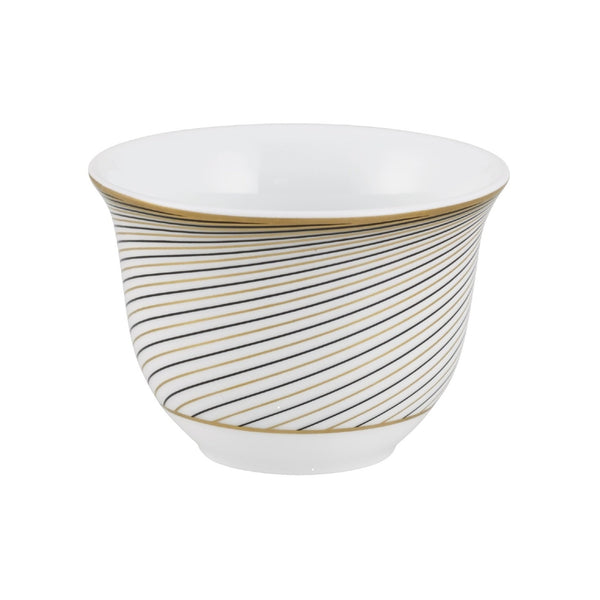 Sake cup in Limoges porcelain with black and gold Bauhaus-inspired geometric design from the Oskar collection by Raynaud.
