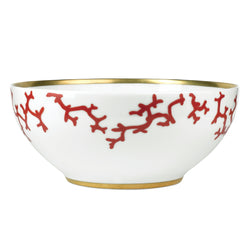 Luxury porcelain salad bowl Cristobal Rouge red coral motif with gold rim by Raynaud