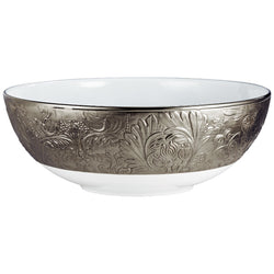 A 'Italian Renaissance' style salad bowl with a white base and platinum accents, featuring intricate floral motifs and decorative edges.