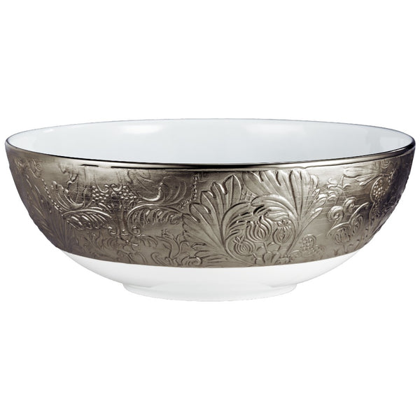 A 'Italian Renaissance' style salad bowl with a white base and platinum accents, featuring intricate floral motifs and decorative edges.