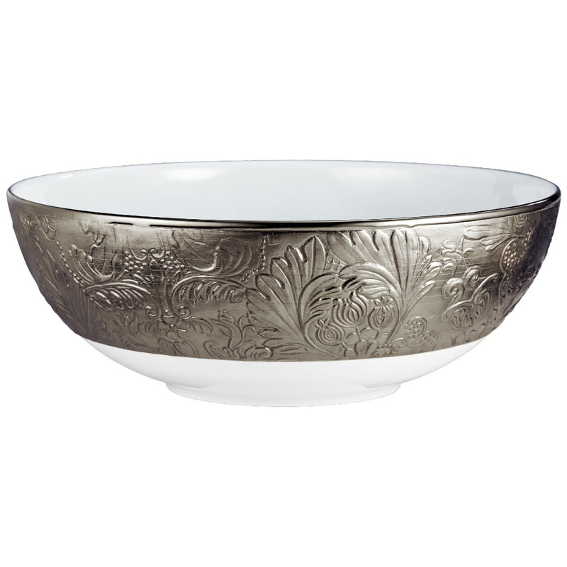 A 'Italian Renaissance' style salad bowl with a white base and platinum accents, featuring intricate floral motifs and decorative edges.
