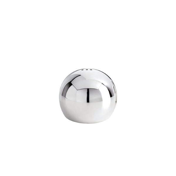 A silver plated salt shaker with a spherical shape designed by Sonja Quandt.