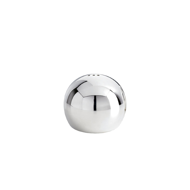 A silver plated salt shaker with a spherical shape designed by Sonja Quandt.