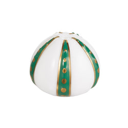 A white porcelain salt shaker with emerald and gold accents, featuring organic branch-like shapes.
