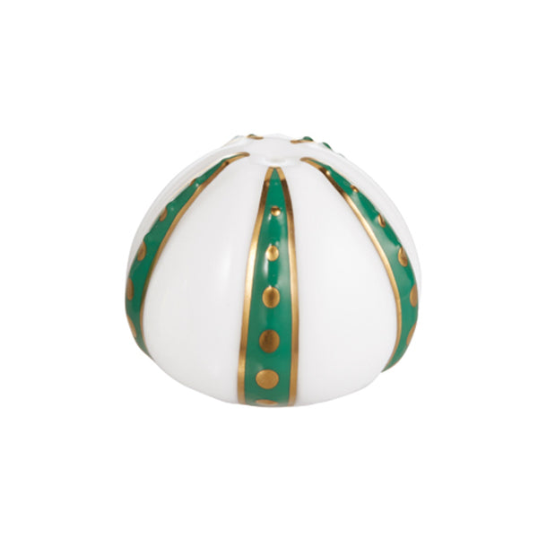 A white porcelain salt shaker with emerald and gold accents, featuring organic branch-like shapes.