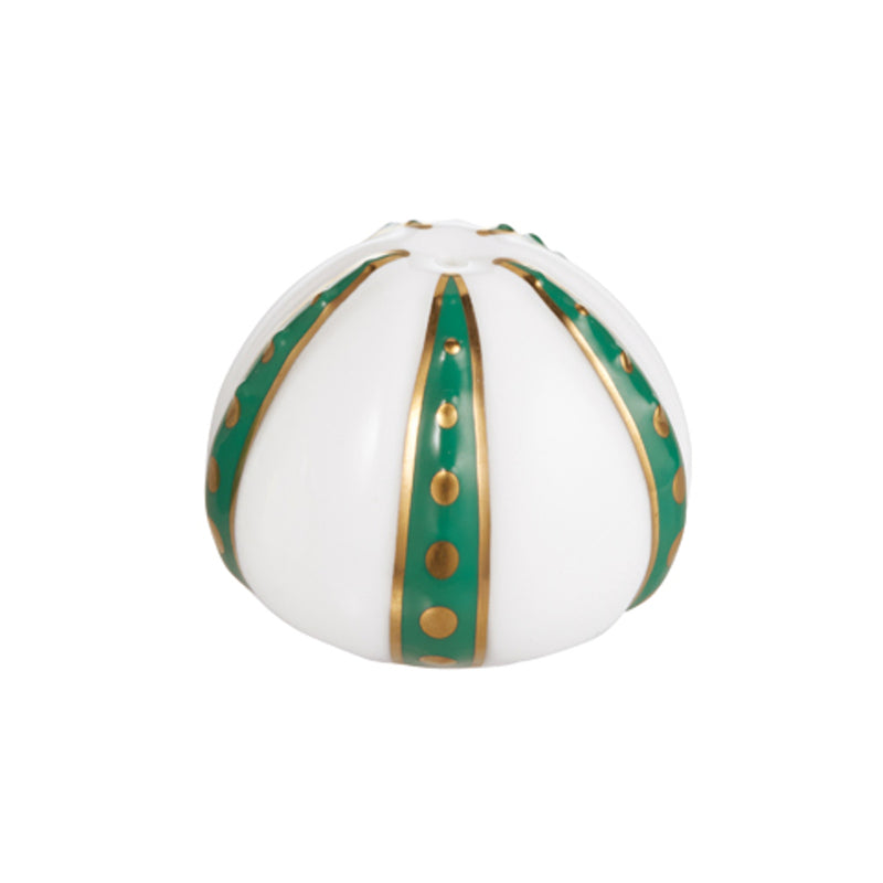 A white porcelain salt shaker with emerald and gold accents, featuring organic branch-like shapes.
