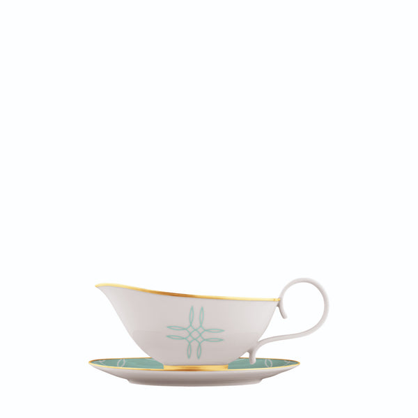 Sauce Boat with Saucer Carlo Este by FÜRSTENBERG in fine porcelain with gold and green mosaic-inspired design by Carlo Dal Bianco.