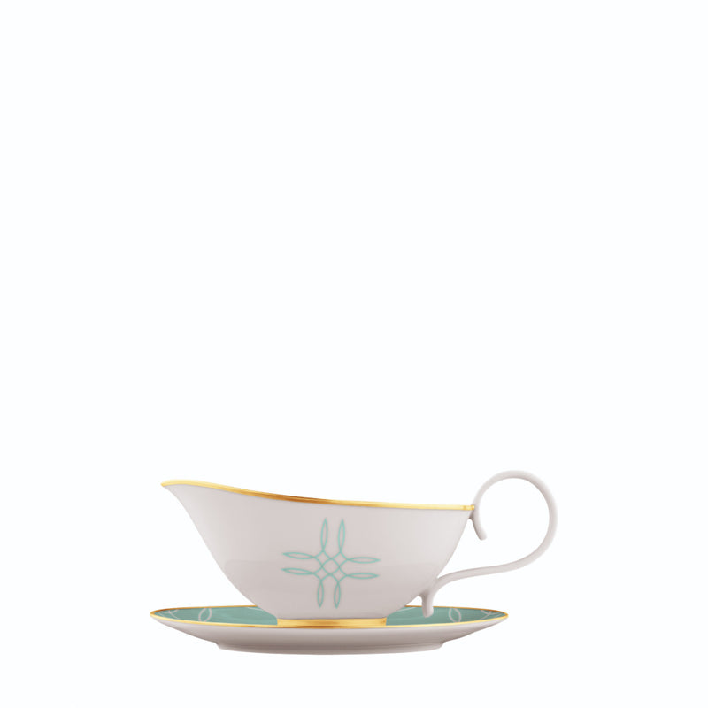 Sauce Boat with Saucer Carlo Este by FÜRSTENBERG in fine porcelain with gold and green mosaic-inspired design by Carlo Dal Bianco.