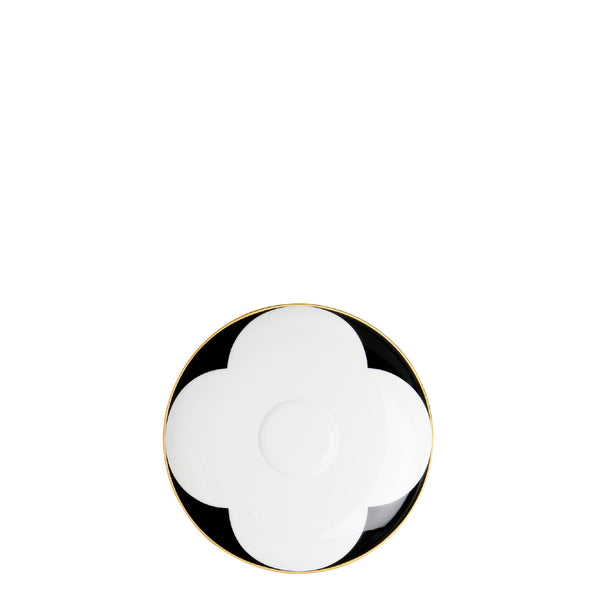 Porcelain coup shaped saucer from my china ca d oro collection with black border white quatrefoil motif and gold rim by sieger furstenberg