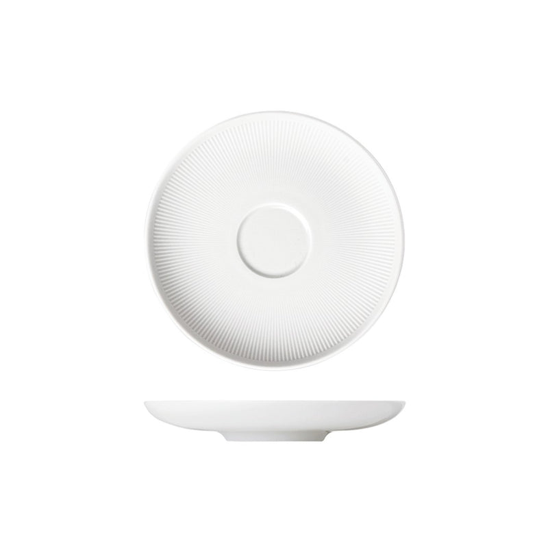 A white porcelain saucer with a textured design, part of the Stella Satin White collection by Sieger by Fürstenberg.