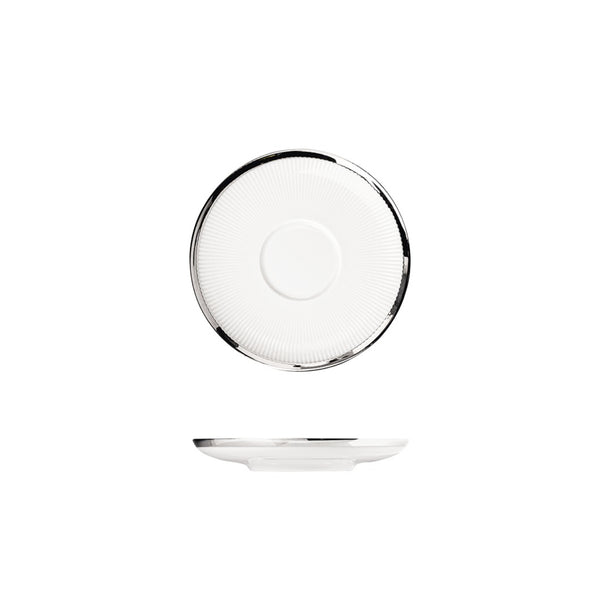 A white porcelain saucer with a platinum finish, featuring a filigree design, designed for espresso cups.