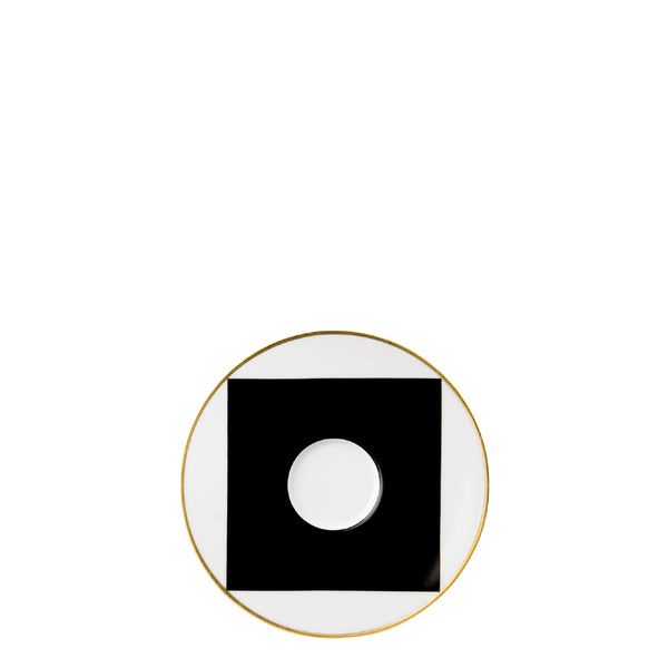 A porcelain saucer with rim from my china ca d oro collection featuring black square motif and gold edge by sieger furstenberg