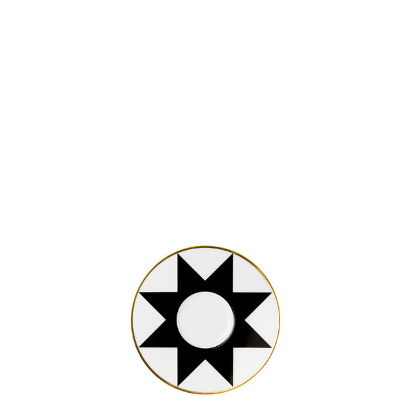 Porcelain saucer with rim for espresso cups from my china ca d oro collection featuring black star motif and gold edge by sieger furstenberg