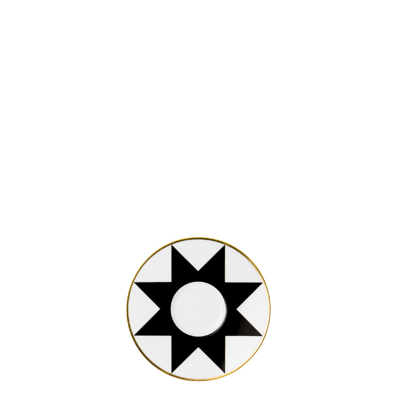 Porcelain saucer with rim for espresso cups from my china ca d oro collection featuring black star motif and gold edge by sieger furstenberg