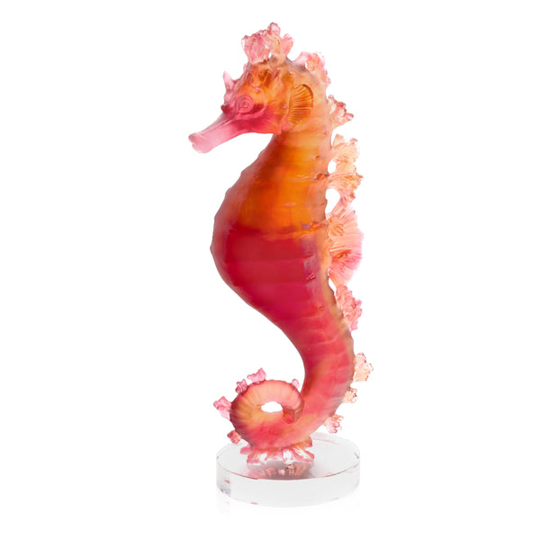 Amber Red Seahorse sculpture in crystal on white background
