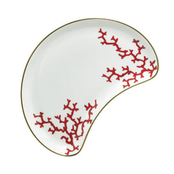 Luxury porcelain side dish Cristobal Rouge crescent shape with red coral motif and gold rim by Raynaud