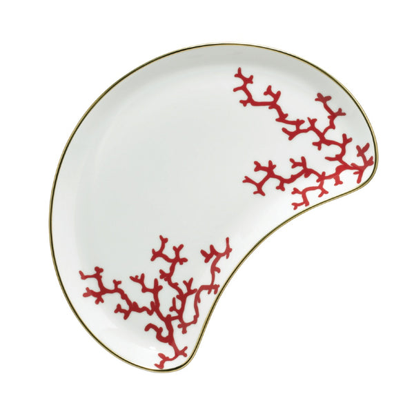 Luxury porcelain side dish Cristobal Rouge crescent shape with red coral motif and gold rim by Raynaud