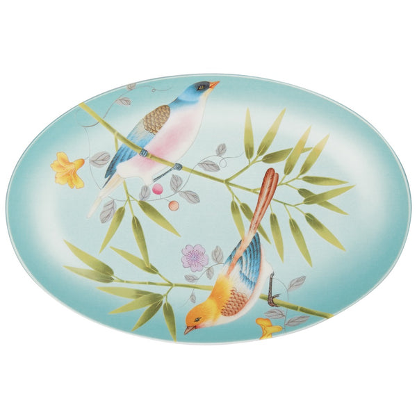 oval porcelain dish in turquoise with birds design