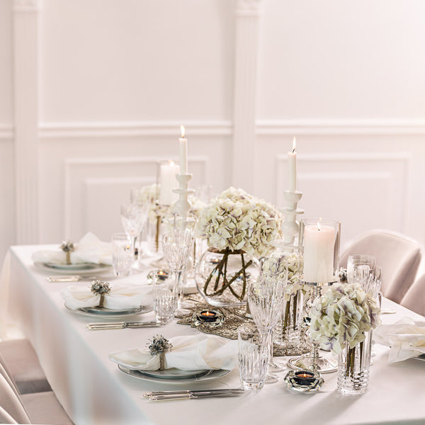 Styled dining with Handcrafted artificial hydrangea stem in lavender and white made from waxed silk by Silk-ka, from the Flowers For Life collection by Amiramour.
