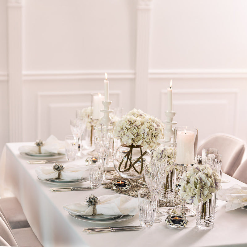 Styled dining with Handcrafted artificial hydrangea stem in lavender and white made from waxed silk by Silk-ka, from the Flowers For Life collection by Amiramour.