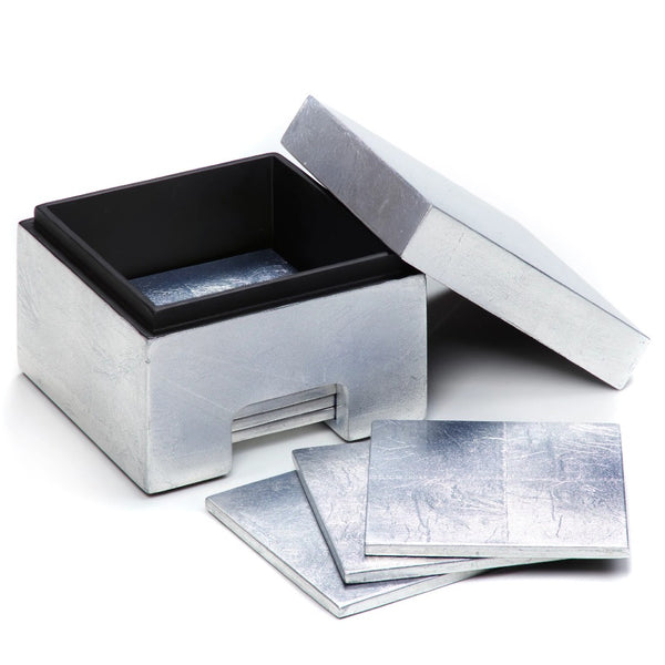 Silver Leaf coasters set of 8 in silver lacquered Coastbox by Posh Trading Company