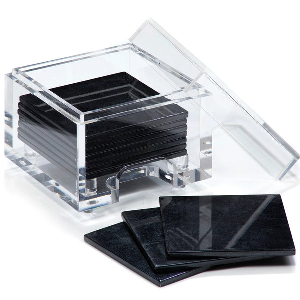 Silver Leaf coasters set of 8 in Stormy Sky with clear acrylic holder by Posh Trading Company