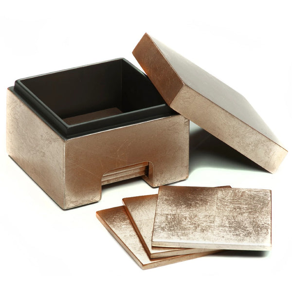 Silver Leaf coasters set of 8 in taupe lacquered Coastbox by Posh Trading Company