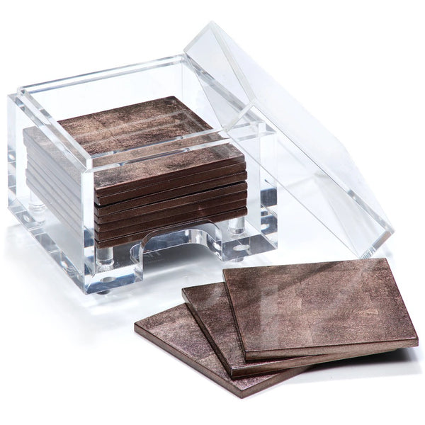Silver Leaf coasters set of 8 in taupe with clear acrylic holder by Posh Trading Company