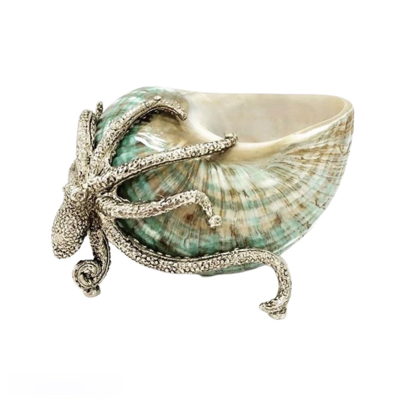 Silver octopus sculpture with jade turbo shell body