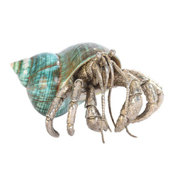 Silver-plated hermit crab figurine with jade turbo shell
