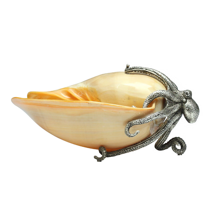 Silver-plated octopus sculpture with natural Melo shell body